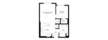A floor plan of a small apartment with a living/dining room, kitchen, bathroom, and bedroom.