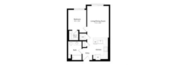 A floor plan of a small apartment with a bedroom, living/dining room, kitchen, bathroom, and entry.