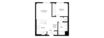 A floor plan of a small apartment with a living room, kitchen, dining/wet floor, bathroom and bedroom.