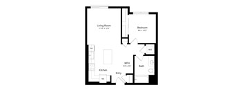 A black and white image of a floor plan for a small apartment.