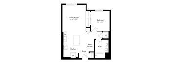 A floor plan of a small apartment with a living room, bedroom, kitchen, and bathroom.