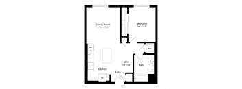 A floor plan of a small apartment with a living room, bedroom, kitchen, bathroom, and entry.