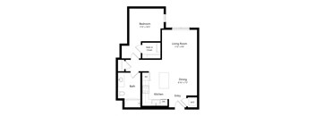 A floor plan of a house with a living room, dining room, kitchen, bath, bedroom, and walk-in closet.