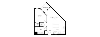 A floor plan of a house with a bedroom, bathroom, kitchen, living room, dining room, and a walk-in closet.