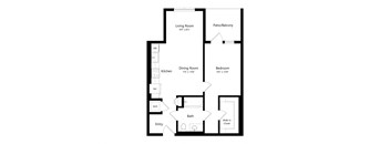 A floor plan of a house with a living room, dining room, kitchen, bathroom, bedroom, and walk-in closet.