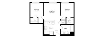 A black and white image of a floor plan for a home with three bedrooms, a living room, a kitchen, a bath, and two closets.