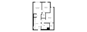 A floor plan of a house with a living room, two bedrooms, a bathroom, a kitchen, an entry, and a walk-in closet.
