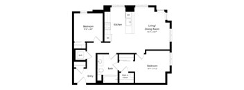 A floor plan of a home with two bedrooms, a living/dining room, a kitchen, a bath, and an entry.