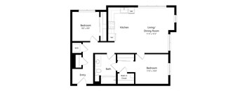 A floor plan of a house with two bedrooms, a living/dining room, a kitchen, a bathroom, an entry, and a walk-in closet.