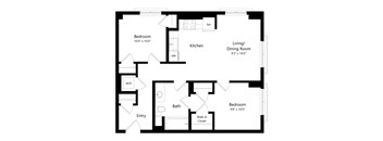 A floor plan of a house with a living room, two bedrooms, a bathroom, a kitchen, and an entry.