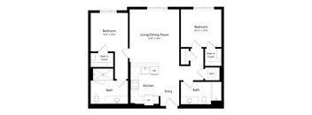 A black and white image of a floor plan for a home with two bedrooms, a living/dining room, a kitchen, two bathrooms, a walk-in closet, and a reference closet.