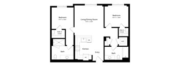A black and white image of a floor plan for a home with two bedrooms, a living/dining room, a kitchen, two bathrooms, a walk-in closet, and a reference room.