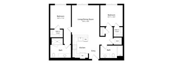 A black and white image of a floor plan for a home with two bedrooms, a living/dining room, a kitchen, two bathrooms, a walk-in closet, and a reference closet.