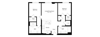 A black and white image of a floor plan for a home with two bedrooms, a living/dining room, a kitchen, two bathrooms, a walk-in closet, and a reference closet.