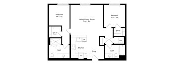 A black and white image of a floor plan for a home with two bedrooms, a living/dining room, a kitchen, two bathrooms, a walk-in closet, and a reference area.