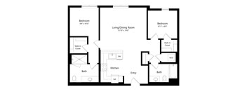 A black and white image of a floor plan for a home with two bedrooms, a living/dining room, a kitchen, two bathrooms, a walk-in closet, and a reference area.