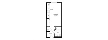 A floor plan of a small apartment with a kitchen, living area, bathroom, and entry.