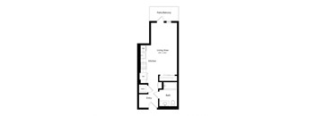 A floor plan of an apartment with a living area, kitchen, bath, and entry.
