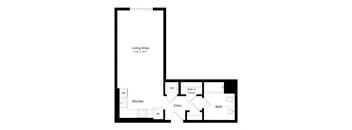 A floor plan of a small apartment with a living area, kitchen, bath, entry and walk-in closet.