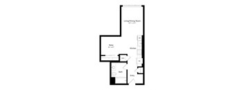 A floor plan of a small apartment with a living/dining room, kitchen, bath, and entry.