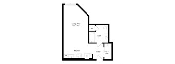 A floor plan of a home with a living area, kitchen, bathroom, and entry.