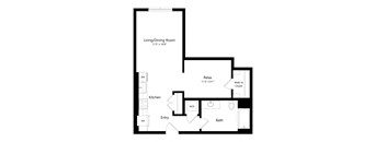 A floor plan of a small apartment with a living/dining room, kitchen, bath, and a relaxation area.