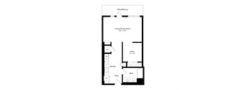 A floor plan of a small apartment with a living/dining room, kitchen, bath, and entry.