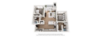 a stylized floor plan of a 2 bedroom and 2 bath apartment
