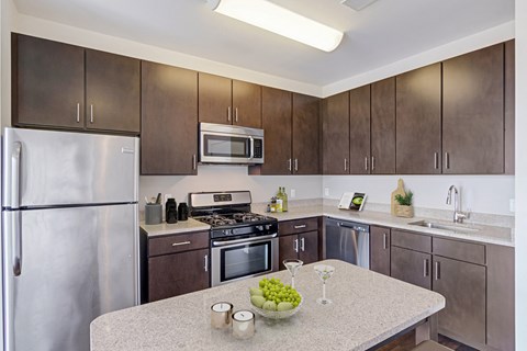 a kitchen with stainless steel appliances and a granite counter top