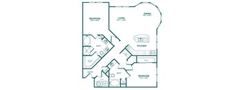 A floor plan of a house with two bedrooms, a living room, a kitchen, a bathroom, a dining area, a utility space, and an entry way.