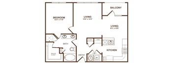 A floor plan of a home with a bedroom, bathroom, two living areas, a kitchen, and an entry.