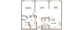 A floor plan of a home showing a bedroom, living room, dining room, kitchen, and bathroom.
