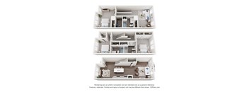 3 bedroom, 3.5 bathroom townhome floorplan at The Maple in Raleigh, NC showing all three levels combined, featuring open-concept living, modern kitchen, private bedrooms, and spacious layout.