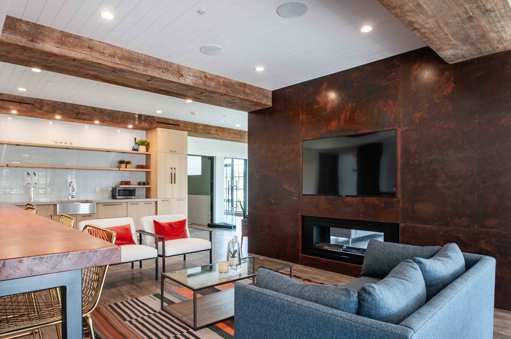 a living room with a fireplace and a tv