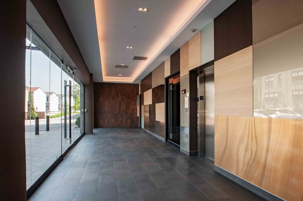 the lobby of the building is empty