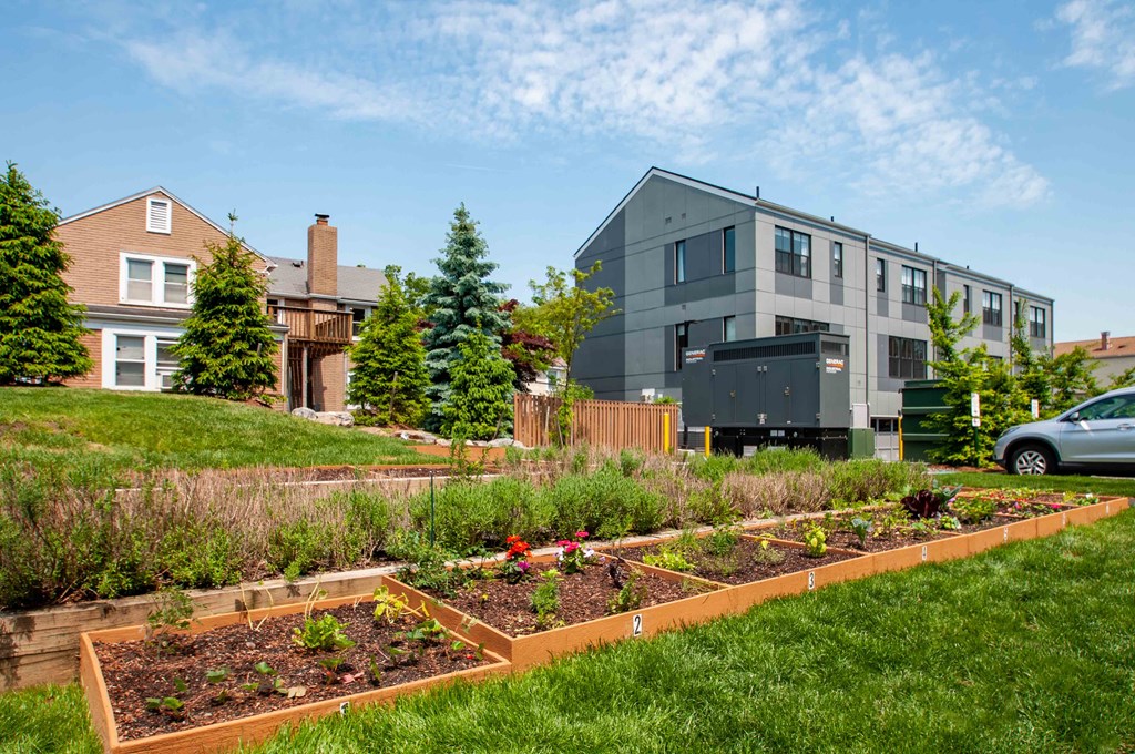 a community garden with a house in the background