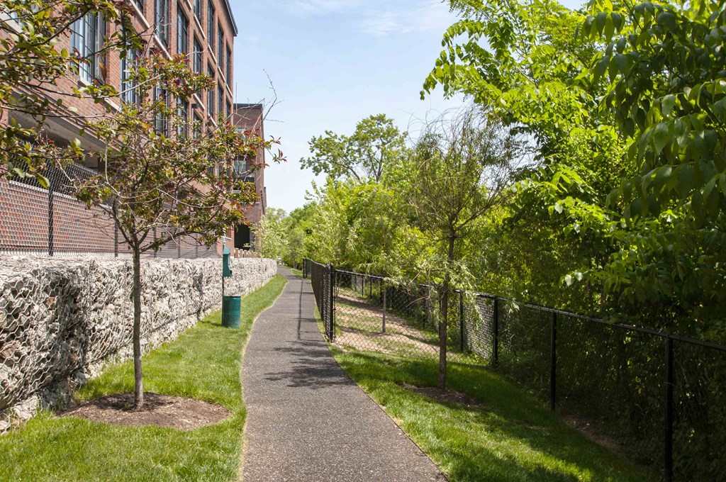 a path with trees and a building on the side of it