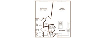 A floor plan of a small apartment with a bedroom, living room, kitchen, and bathroom.