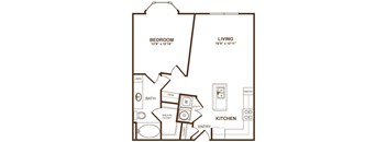 A black and white floor plan of a small apartment with a bedroom, living room, kitchen, and bathroom.