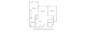 A blueprint of a house layout with two bedrooms, a living area, a kitchen, two bathrooms, and a fridge.