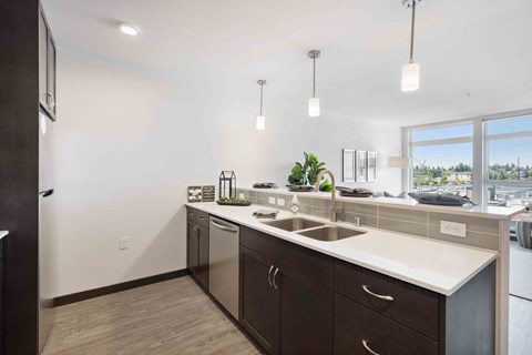 a kitchen with a sink and a window