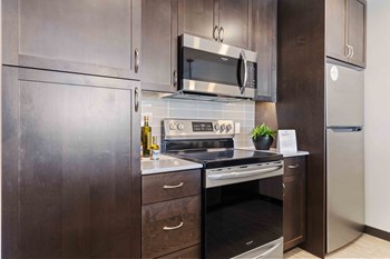 Apartments in Greenwood for Rent - The Morrow Fully-Equipped Kitchen with Stainless Steel Appliances, Dark Cabinetry, Subway Style Backsplash, and Vinyl Plank Flooring - Photo Gallery 6