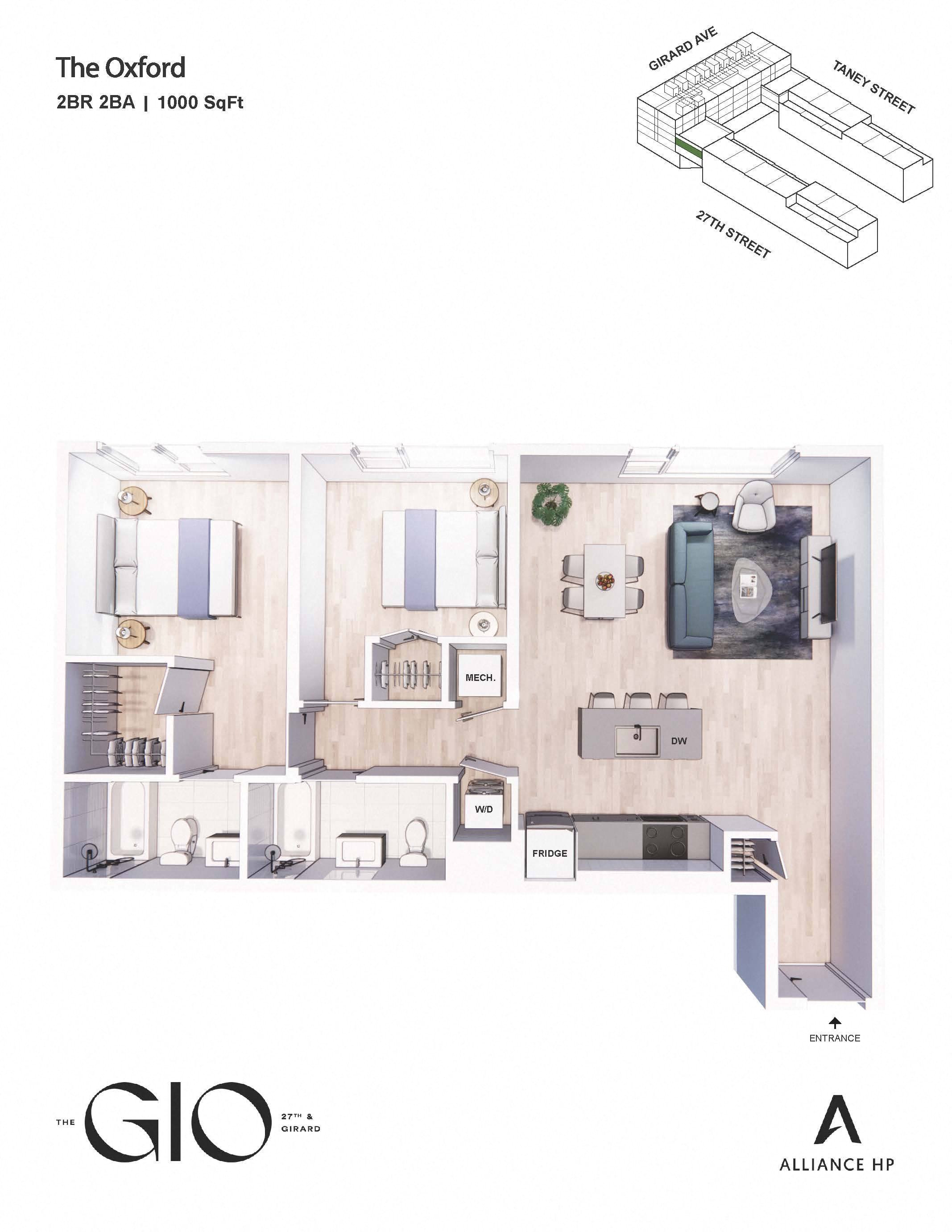 a floor plan of a 1 bedroom floor plan with roommates