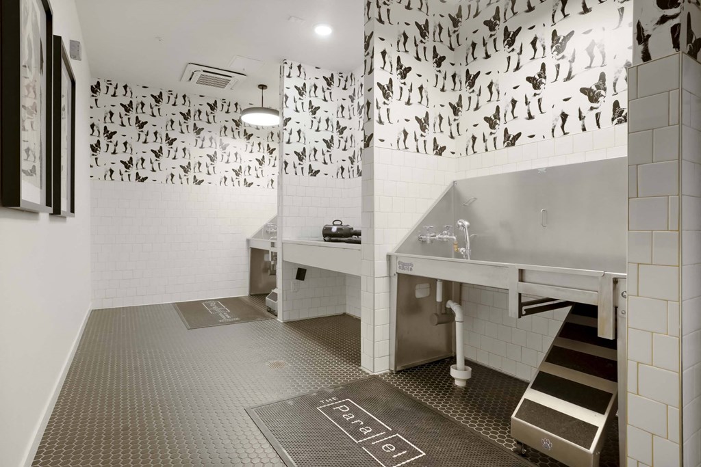 a bathroom with a fish print on the wall