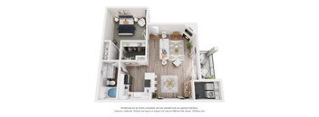 A 3D floor plan of a small apartment with a kitchen, living room, and bathroom.