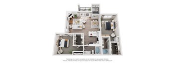 A floor plan of a house with a kitchen, living room, dining room, and bathrooms.