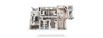 A 3D floor plan of a house with a kitchen, living room, and bathrooms.