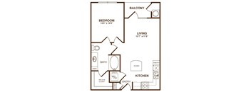 A floor plan of a small apartment with a bedroom, living room, kitchen, and bathroom.