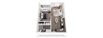 A 3D floor plan of a small apartment with a kitchen, living room, and bathroom.
