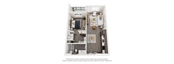 A 3D floor plan of a small apartment with a kitchen, living room, and bathroom.